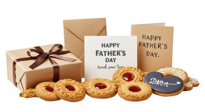 Fathers Day Illustration With Gift Cookies And Happy Greeting Card In Brown