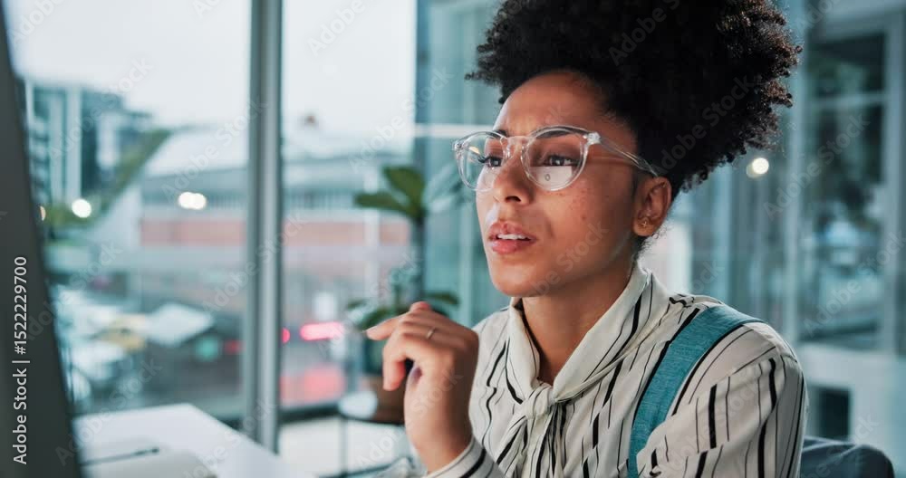 Poster glasses, computer and reading with business woman in office for web design, ui planning and research