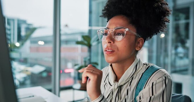 Glasses, computer and reading with business woman in office for web design, UI planning and research. Front end developer, CAD software and online project with person in digital agency for startup