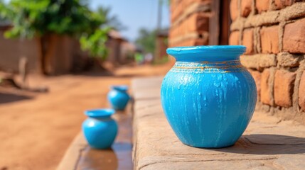 A vibrant blue pot sits on a stone ledge, with blurred terracotta buildings in the background.