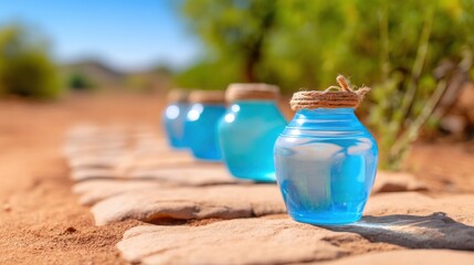 Bright blue jars lined on a sunny path, surrounded by greenery and earthy tones.