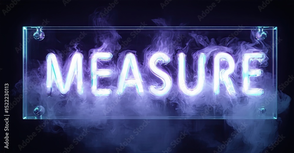 Poster bright neon sign spells measure. smoke surrounds rectangular frame. dark background creates dramatic
