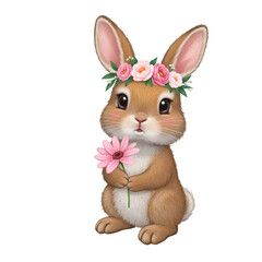 Cute Illustration of Little Brown Bunny with Flower Crown Transparent