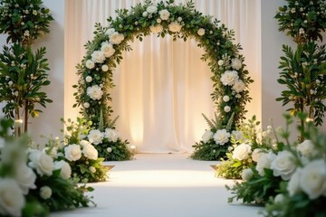 Fototapeta premium Elegant wedding ceremony setup with white floral arrangements, lush greenery, and romantic lighting , leaves, tables, shabby chic