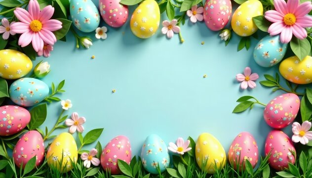 Festive Easter eggs nestled in a decorative border of spring flowers and greenery , celebration, festive