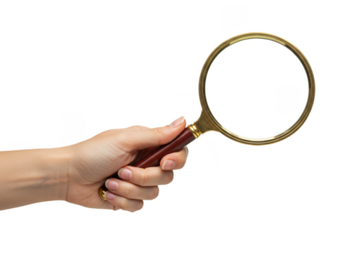 Hand Holding a Magnifying Glass for Search on Transparent Background