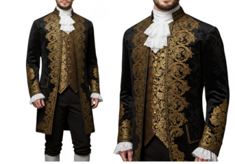 Elegant Man in Renaissance Style Gold Embroidered Coat Transparent