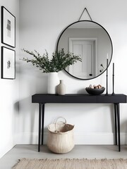 A modern entryway with a minimalist black console table, a round mirror on the wall and various decorative items such as a vase with branches, candlesticks and bowls. 