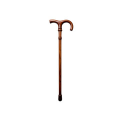 Elegant brown wooden walking cane with a curved handle on transparent background