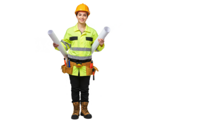 Engineer Woman Holding Blueprints Wearing Hard Hat in Transparent Background