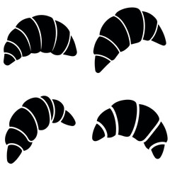 Four Black Croissant Silhouettes on White Background, Simple Food Illustration, Bakery Theme