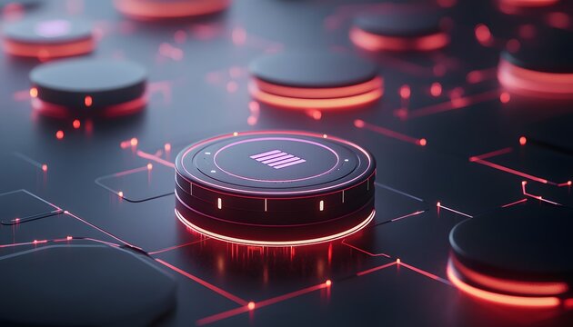 Illuminated, round button on a circuit board.