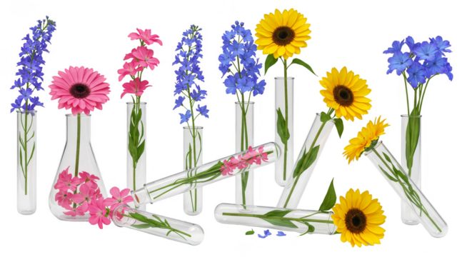 Floral Transparent Background with Colorful Flowers in Glass Vases