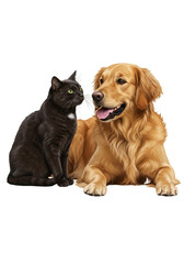 Fototapeta premium Illustration Golden Retriever and Black Cat Friendship on Transparent Background