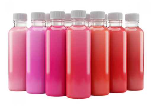 Illustration Group Bottles Filled with Pink Liquid Drink on Transparent