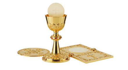 Golden Chalice with Host for Holy Communion 3D Rendering Transparent