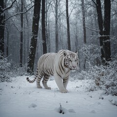 Obraz premium “A white tiger walking through snow-covered forest, snowflakes falling gently around it”