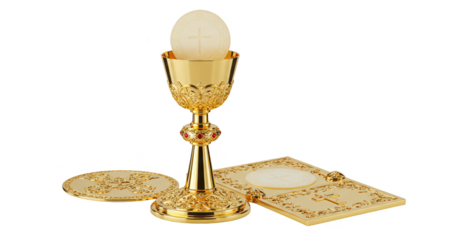 Golden Chalice with Host for Holy Communion 3D Rendering Transparent