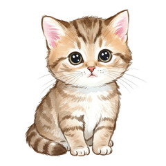 Obraz premium Illustration of a Cute Striped Watercolor Kitten with Big Eyes Sitting