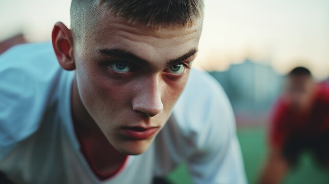 Soccer player in defensive stance intensely tracking the ball during match, determined athlete preparing for tackle in competitive game, sports action and teamwork concept.