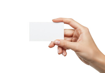 Fototapeta premium Hand Holding Blank White Business Card Paper Isolated Mockup Template