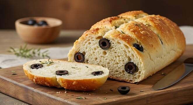 Freshly baked olive bread roll with a golden, crispy crust, cut open to reveal whole black olives and herbs. The bread has a soft and fluffy texture inside