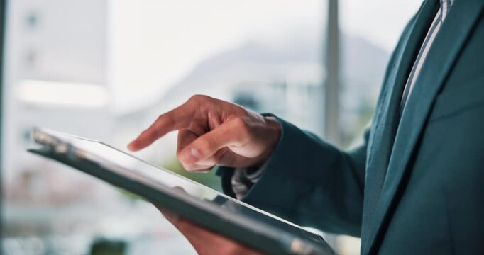 Office, hands and business man on tablet for financial report, online results and stock market news. Professional, corporate and person on digital tech for finance review, stocks update and website