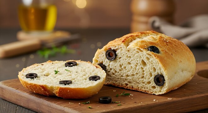 Freshly baked olive bread roll with a golden, crispy crust, cut open to reveal whole black olives and herbs. The bread has a soft and fluffy texture inside - Powered by Adobe