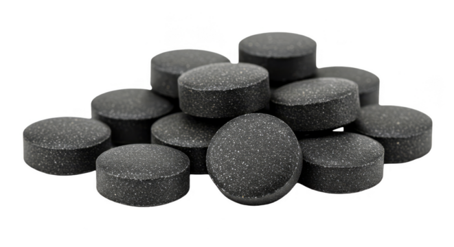 Heap of Charcoal Tablets Medicine in Black and Transparent Background
