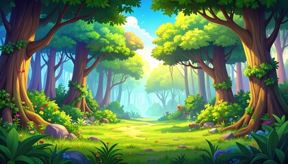A vibrant cartoon forest filled with whimsical, colorful trees and blooming flowers, featuring playful wildlife and a bright, cheerful sky above.