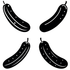 Four Black and White Cucumber Icons with Different Details and Directions on White