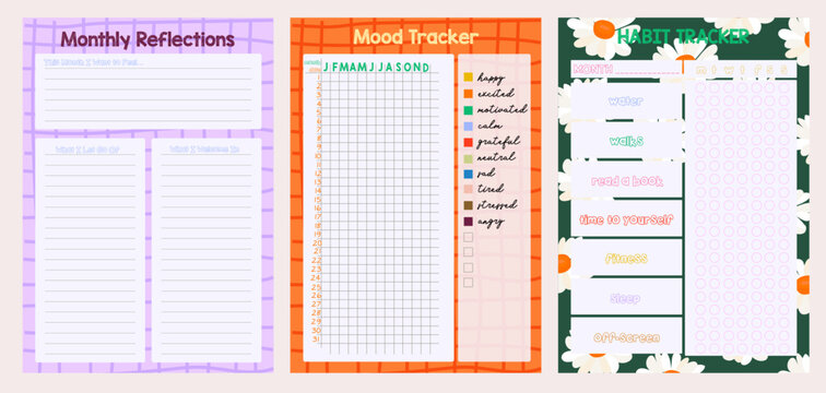 Set of mental health and productivity planner pages. Includes monthly reflection sheet, mood tracker, and habit tracker. Editable vector designs for journaling and self-care.