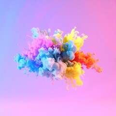 Obraz premium A vibrant, swirling cloud of paint in a spectrum of colors, blending hues of blue, pink, yellow, and green, creating a dynamic and artistic visual effect.