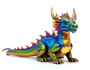 Fototapeta premium A vibrant, intricately designed dragon figurine rests on the ground, showcasing a dazzling array of colors, with shimmering scales and detailed wings.