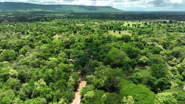 Lush forest and aerial view of the surrounding area near the ancient Beng Mealea temple complex in Siem Reap, Cambodia