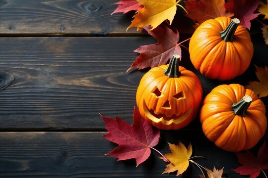 Spooky carved Halloween pumpkins on rustic wooden background, autumn leaves Perfect for fall and Halloween themed projects , orange, design, leaves