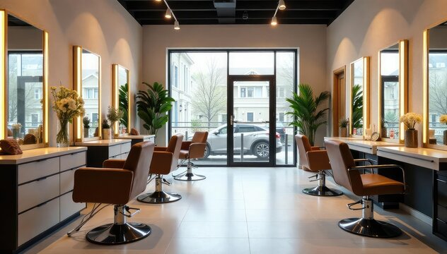 Stylish beauty salon interior with modern chairs and equipment, ready for clients ,  floor,  hair