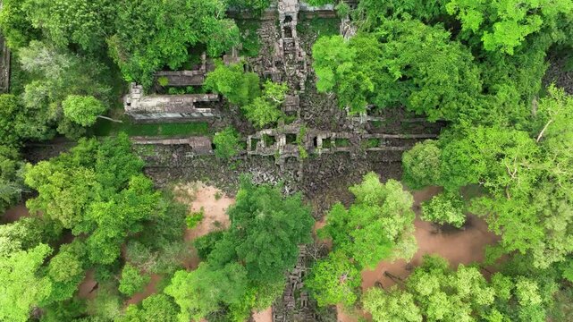 The ancient beng mealea temple complex in siem reap, surrounded by dense jungle, aerial view
