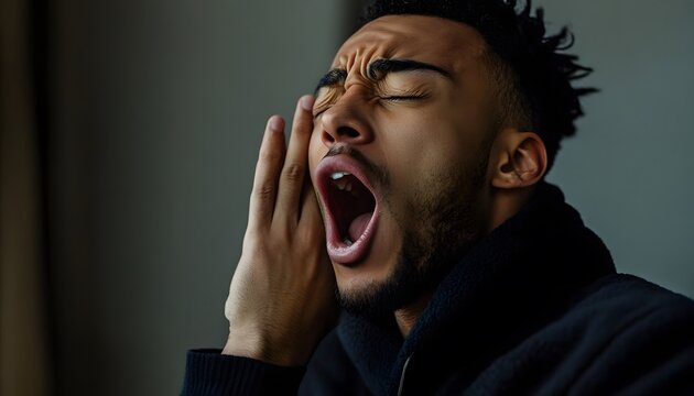 Tired man yawning widely.