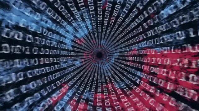 Futuristic digital tunnel with binary code and glowing blue network pattern
