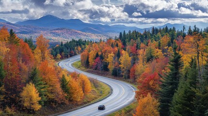 Fototapeta premium A winding road through a forest with autumn foliage, featuring a black car driving down the road.