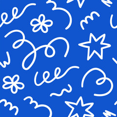 Seamless pattern of cute kids elements. Hand drawn fun childish print. Blue and white colors. Vector line illustration	