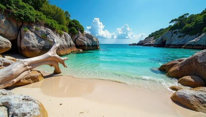 Fototapeta premium Sun-bleached driftwood, weathered rocks on secluded cove , nature, rocks