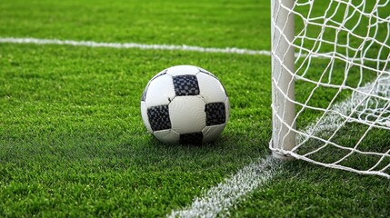 A soccer ball on a grassy field with a white goalpost in the background.