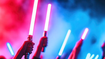Fans dressed as Star Wars characters celebrate their favorite saga at a costume event in the evening