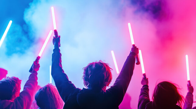 Large group of fans dressed as characters at a Star Wars themed event in a vibrant atmosphere