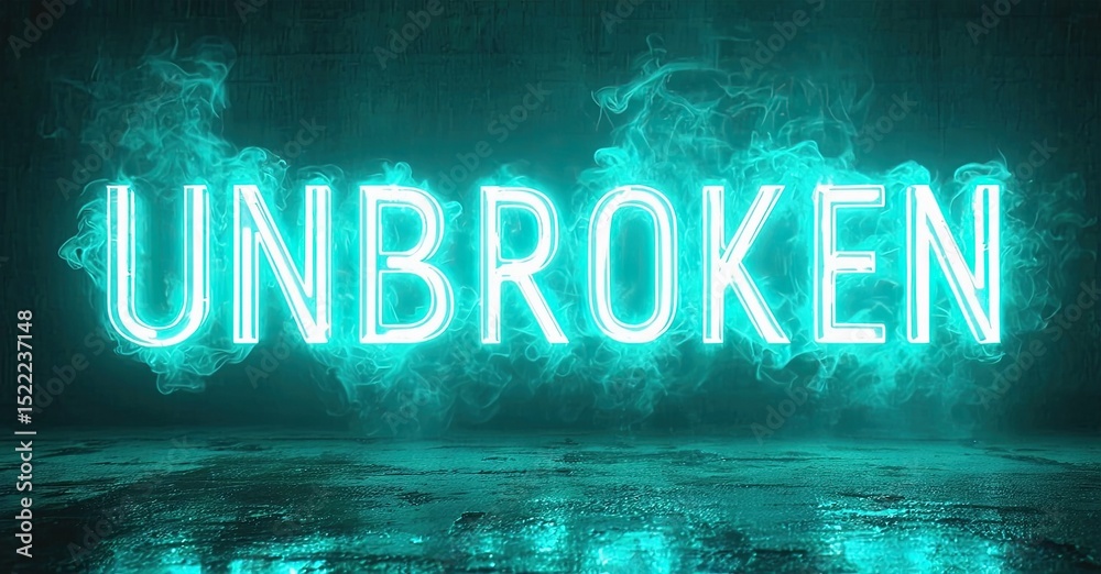 Poster bright neon sign displays unbroken. dark background features smoke effects, creating dramatic visual