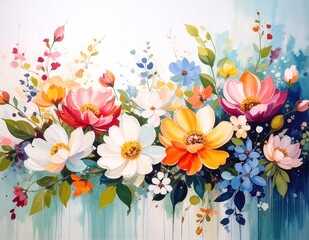 Obraz premium A vibrant painting of assorted flowers in full bloom adorns the wall, showcasing rich colors and intricate details that bring life to the space.