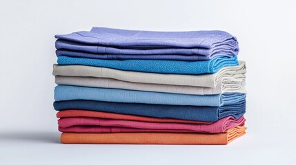 A stack of neatly folded colorful towels against a white background.
