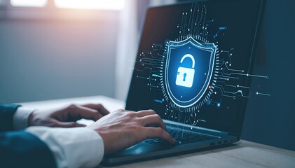 A focused individual sits at a modern desk, intently using their laptop to click on the security icon, ensuring their online safety and privacy.